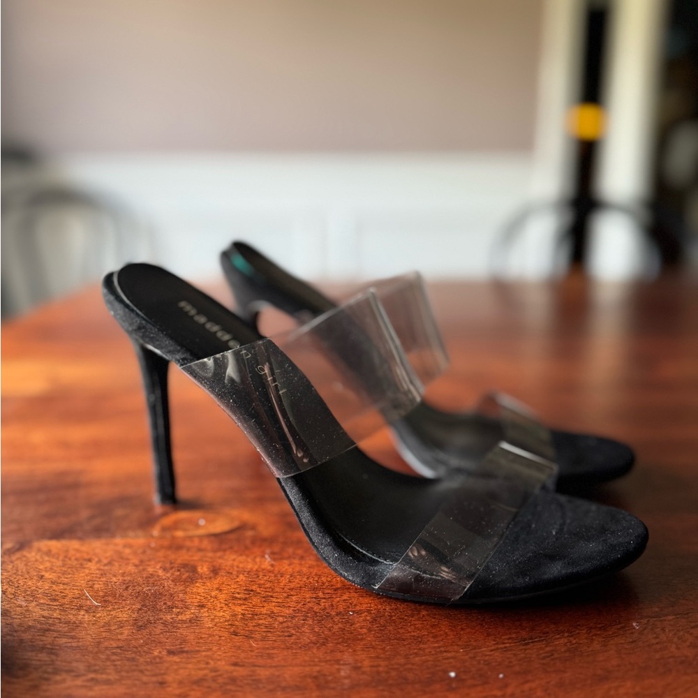 Madden Girl Clear Stiletto Heels Black Luciaa Two Strap Womens Size 8.5